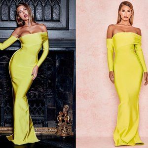 RARE House of CB 'Nalani' Chartreuse Draped Shoulder Maxi Bandage Dress NWOT